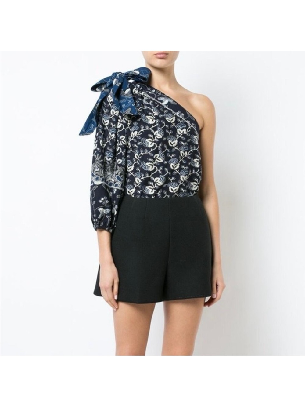 Ulla Johnson Navy and Cream One-Shoulder Bow Top